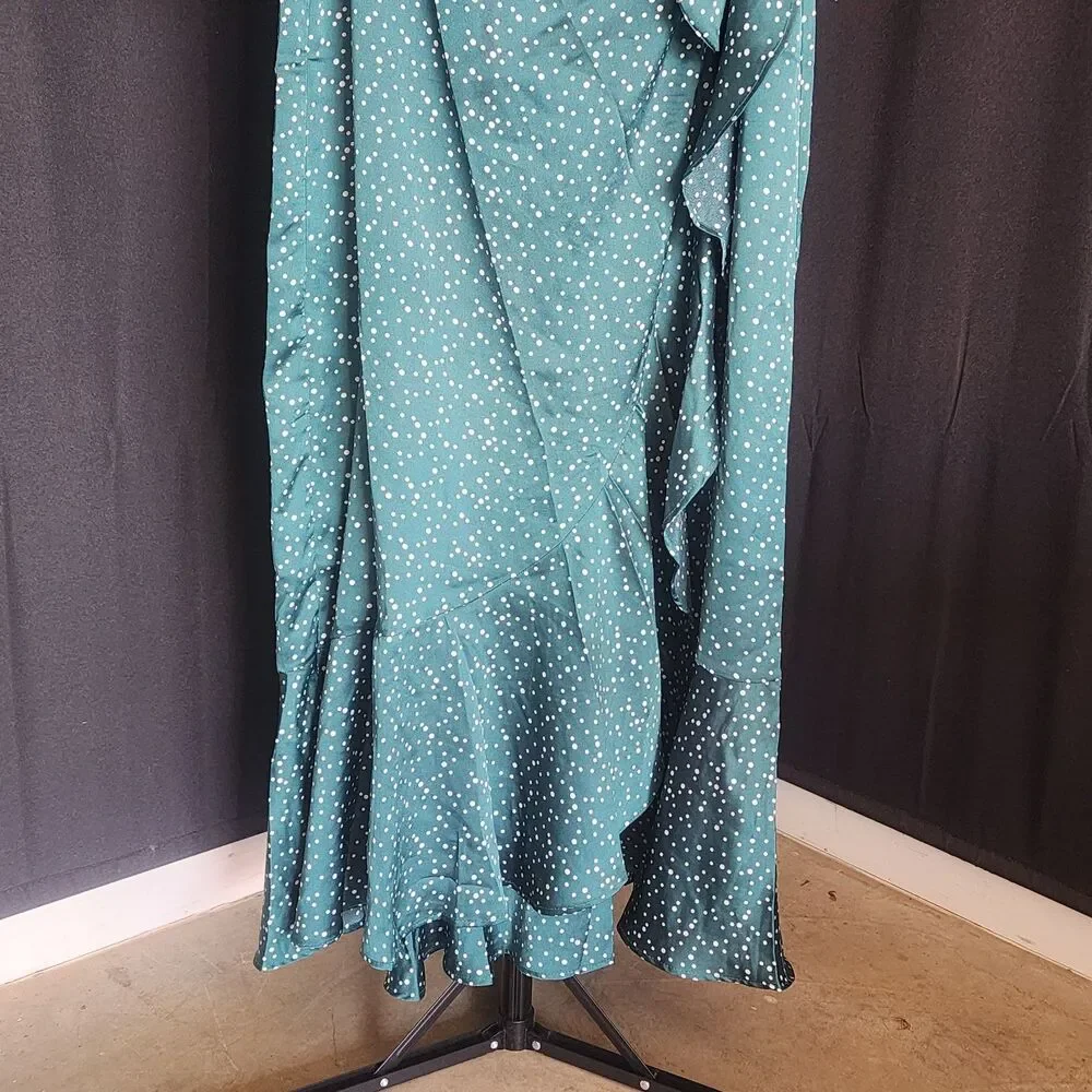 Veiled Collection Emerald Polka Dot Satin Wrap Maxi Dress Ruffle Modest Size XS